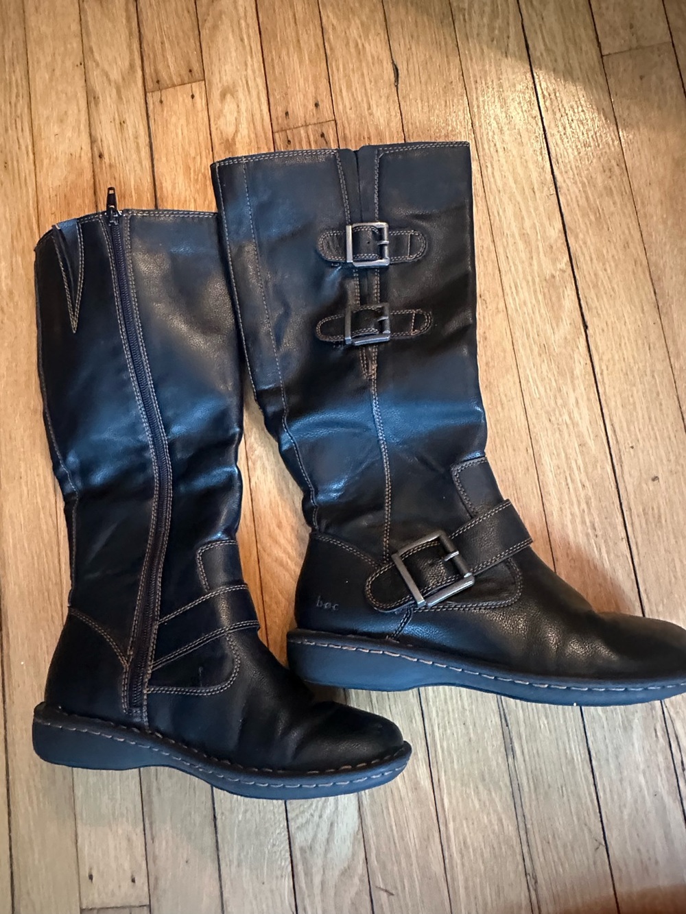 boc Black Leather Mid-Calf Buckle Riding Boots